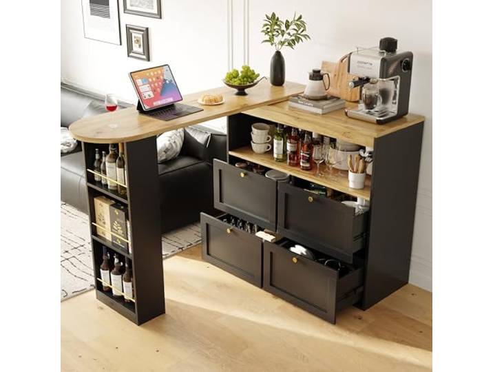 Wohnzimmer Bartisch 360° drehbarer Bartisch Kücheninsel mit Stauraum 4 Schubladen und offenen Ablagen, Multifunktionaler Stauraum Schrank,für Wohnzimmer, Arbeitszimmer und Esszimmer – Schwarz