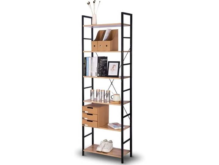 WOLTU Étagère de Rangement en bois et métal Étagère de cuisine Étagère de métallique 60x28x180cm environ Noir+chêne clair
