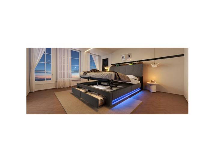 Accès facile au rangement lit coffre 180x200 avec USB-C LED et tiroirs tête de lit rembourrée