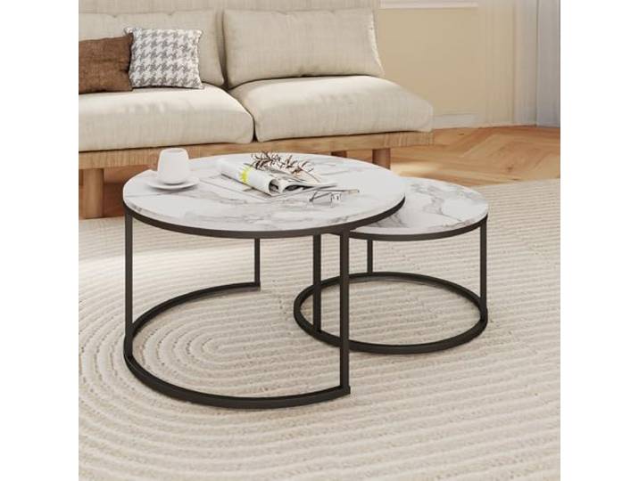 Soayone Couchtisch Rund Schwarz, Wohnzimmertisch Weiß mit Schwarz Metallgestell, Coffee Table, Couch Tisch, Couchtisch Marmor Optik, Kaffeetisch, Tisch Klein 80x80x45 & 60x60x35cm
