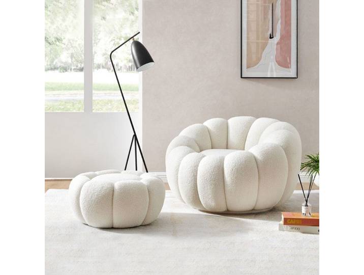 Fauteuil coquillage + pouf en tissu bouclette blanc - SHERPA