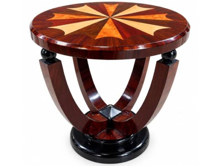 Art Déco Beistelltisch „Villa Gatsby“ – Runder Massivholz Tisch mit Wurzelholzfurnier & geometrischen Intarsien – Vintage Teetisch, Kaffeetisch im Antik-Stil, Ø 59 cm Palazzo Exklusiv