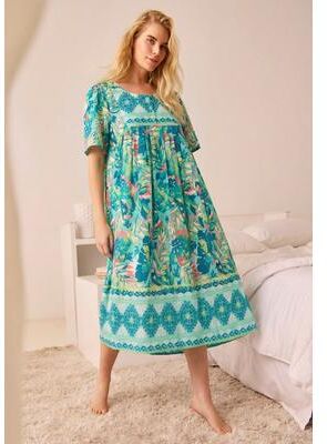 Plus Size Women's Bib-Front Short Sleeve Short Lounger by Only Necessities in Island Aqua Tropical (Size L)