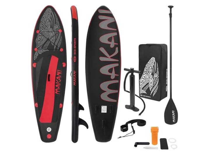 ECD Germany Aufblasbares Stand Up Paddle Board Makani 320x80x15 cm Schwarz-Rot, aus PVC, bis 120 kg, Komplettset Pumpe Tragetasche SUP Board Paddling Board Paddelboard Surfboard, Verschiedene Modelle