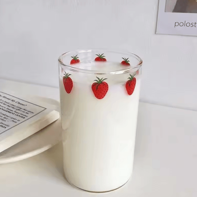 Inspire Curations Cute Strawberry Glass Cup With Straw 300ML Borosilicate Aesthetic Drinking Tumbler cup