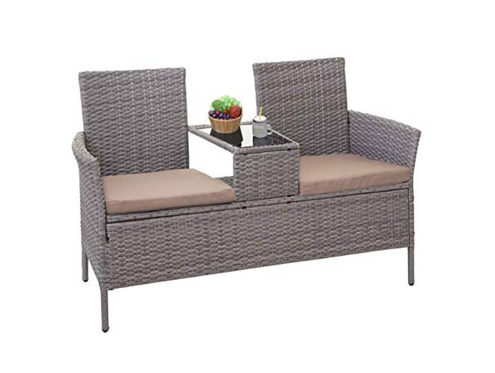 Mendler Poly-Rattan Sitzbank mit Tisch HWC-E24 - grau, Kissen Creme Gartenbank, Sitzgruppe, Gartensofa, 132cm