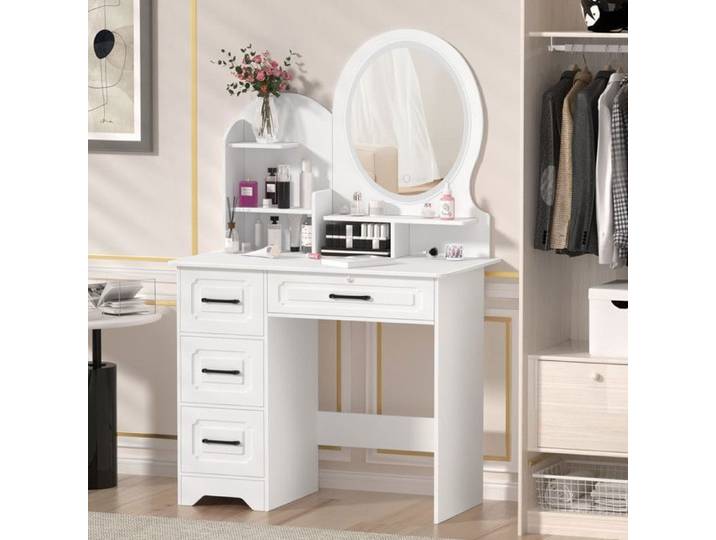 GIPAZ Coiffeuse LED 80x40x137 cm avec miroir rond 4 tiroirs étagères éclairage par appli blanc sans tabouret