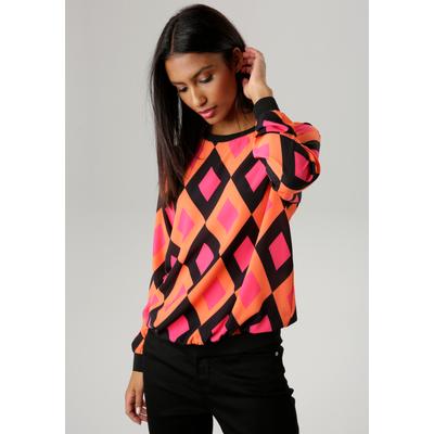 Shirtbluse ANISTON SELECTED, Damen, Gr. 36, bunt (schwarz, orange, pink), Crêpe, Obermaterial: 95% Polyester, 5% Elasthan, Rautenmuster, bedruckt, figurumspielend hüftbedeckend, Rundhals, Bündchen, Blusen, mit unifarbenen Bündchen und Retro-Muster,...