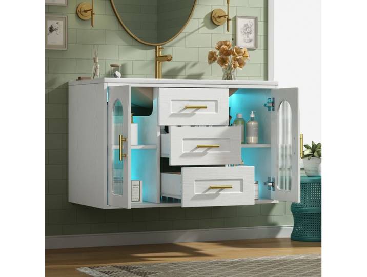 Maisentiel Meuble sous vasque suspendu 76 cm avec vasque céramique portes vitrées rainurées et LED intégrée