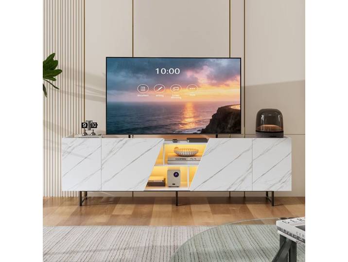 Meuble TV LED 220cm Banc TV Meuble TéLé de Salon Armoire e TéLéVision Banc TV Moderne en Bois avec Rangement Base métallique