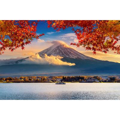 Fototapete PAPERMOON "FUJI BERG-JAPAN GEBIRGE WALD SEE WOLKEN SONNE VULKAN", bunt, B:4,5m L:2,8m, Vlies, Tapeten