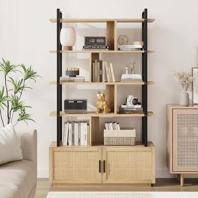 Garvee 71.1inTall Rattan Bookshelf, 5 Shelf Industrial Bookcase with Storage Door and Open Display Shelves