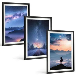 BILDER SET 3er Set - 40x60 cm Schwarzer Rahmen - Nachthimmel Berge Nebel Hirsch