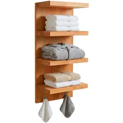 Relaxdays Wandregal Bad mit 4 Ablagen & 2 Haken Hellbraun