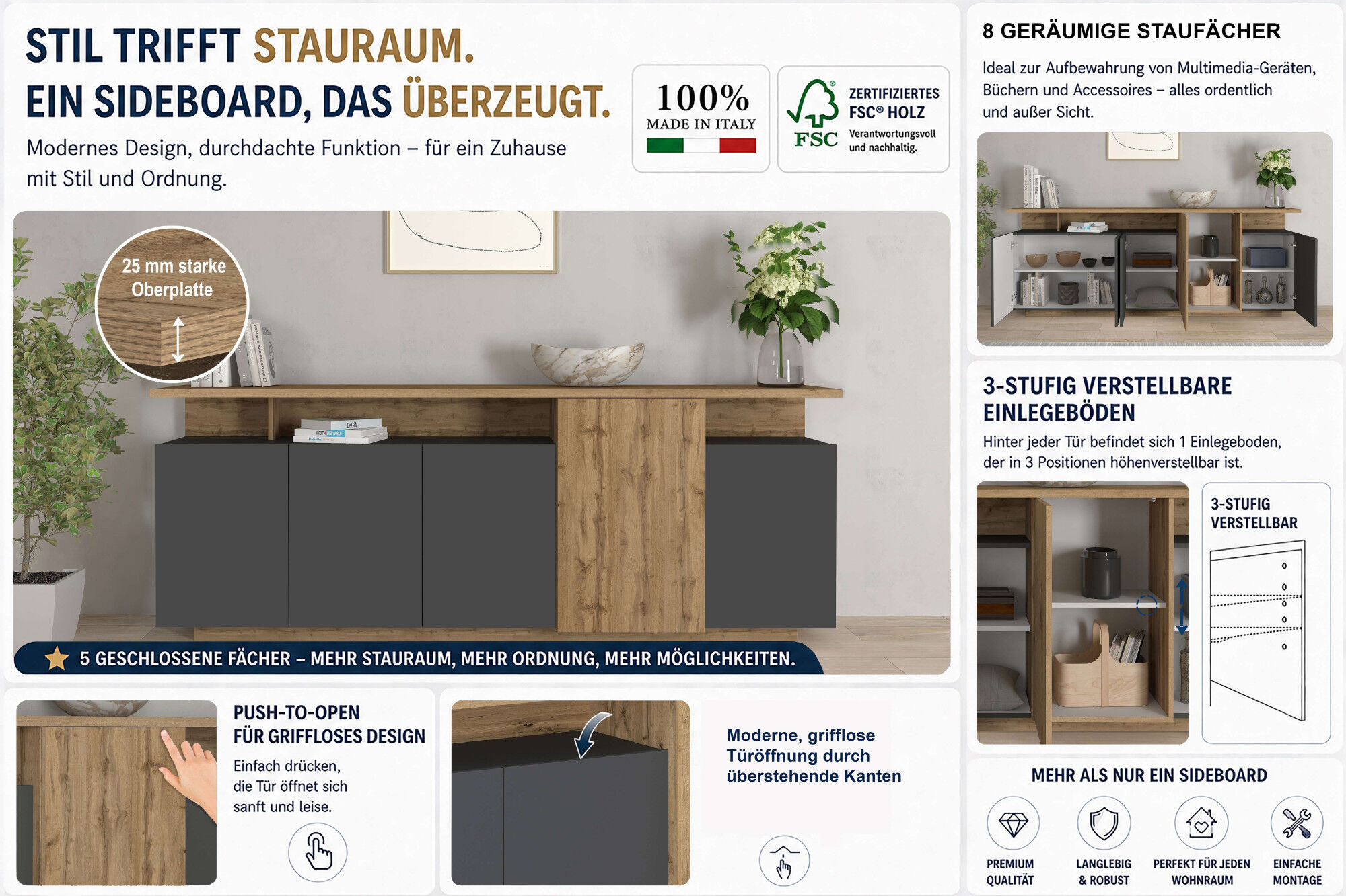 Sideboard GOODPRODUCT "Sideboard ETHOS, Kommode, Schrank, Kredenz", grau (eiche wotan, anthrazit matt), B:210cm H:80cm T:40cm, Sideboards, Sideboard, Mit 5 Drehtüren, 8 Innenfächern und 2 Aussenfächern, B.210 cm eiche wotan, anthrazit matt B/H/T: 210cm x 