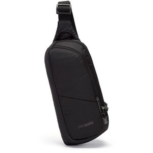 Pacsafe Umhängetasche Vibe 150, aus recyceltem PET, schwarz, 2 Fächer, 16 x 33 cm, wasserabweisend, RFID Schutz
