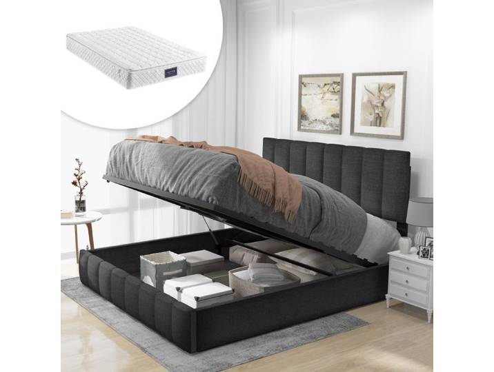 Lit Coffre 140x200cm Cadre en Métal - Tête de Lit Réglable - Gris avec Matelas