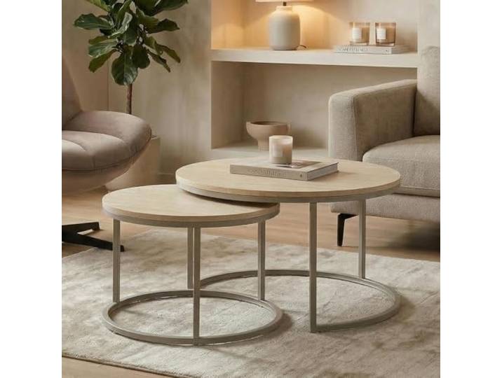 IDIMEX Tours Couchtischset 2er Set rund, Cappuccino - Wohnzimmertische mit Travertin-Dekor, ineinanderschiebbare Beistelltische, Robustes Metallgestell, Pflegeleichte Melaminbeschichtung