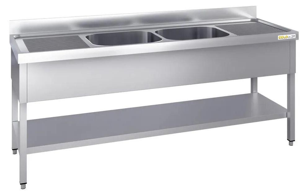 Edelstahl-Spüle 1800x600 mm mit 2 Becken in der Mitte und Abtropfgestellen links und rechts, - GOLDINOX