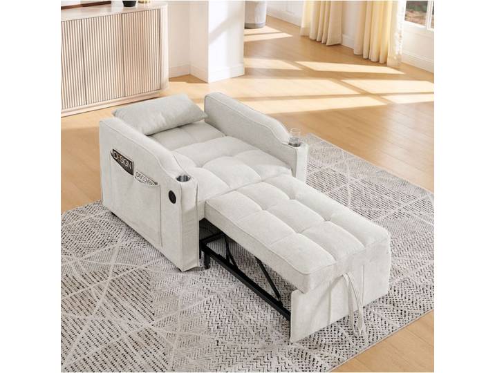 Fauteuil convertible 3 en 1 1 place dossier réglable 3 positions - ELVMI - USB USB-C porte-gobelet tissu beige