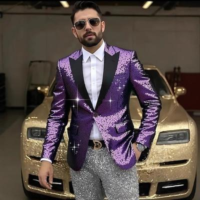 Herren Blazerjacke Verschlusskragen Mode Party Funkelnd Einfarbig Blazer Purpur Grün Schmale Passform Einreihig Ein-Knopf