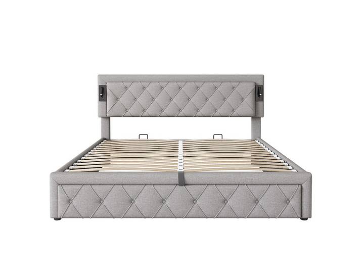 Komhtom Polsterbett 180x200 cm in Grau Leinen mit Downlight & USB-Schnittstelle, Mode, 180x200 cm, Schlafzimmer, Betten, Polsterbetten