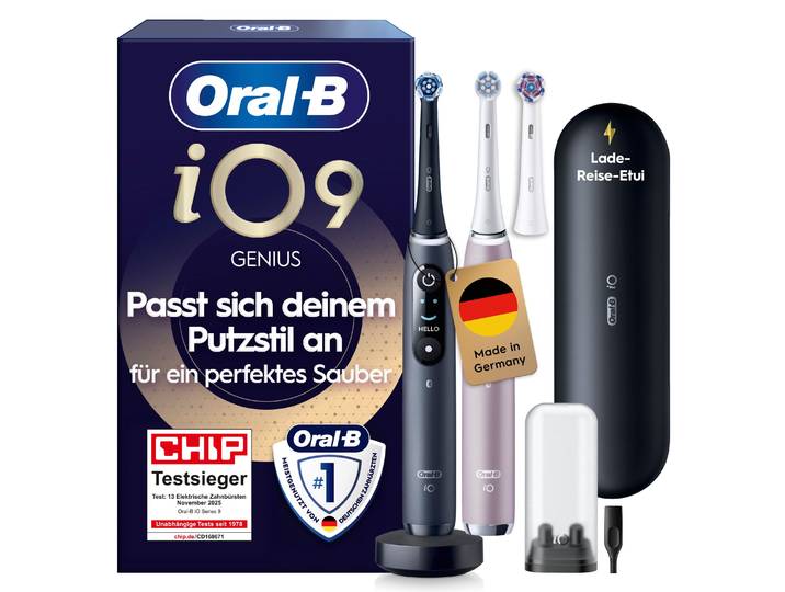 Elektrische Zahnbürste ORAL-B iO 9 Duopack , schwarz (schwarz onyx, rose quartz), ElektrozahnbürstenB:2,5cm H:24cm T:2,5cm, Kunststoff, Elektrische Zahnbürste, mit Magnet-Technologie, 7 Putzmodi, Farbdisplay & Lade-Reiseetui, B:2,5cm H:24cm T:2,5cm