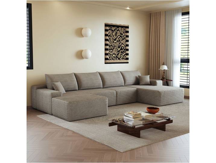 Canapé d'angle modulable réversible 5 places sans montage - BEAUNIV - tissu côtelé beige