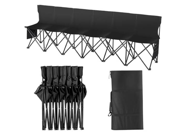 VEVOR Banc pliant portable à 6 places\, banc de camping pliable d'extérieur avec sac de transport et dossier\, banc latéral de sport d'équipe pour pêche\, football\, siège instantané sans assemblage\, noir