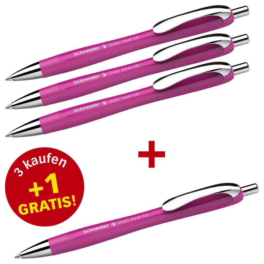 Schneider Kugelschreiber Slider Rave XB pink Schreibfarbe blau, 3 St. + GRATIS 1 Slider Rave XB pink 132554