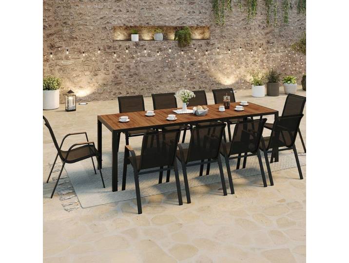 IDMARKET Salon de jardin NOUMEA table 240 cm plateau verre trempé effet bois et 10 chaises empilables noir et bois