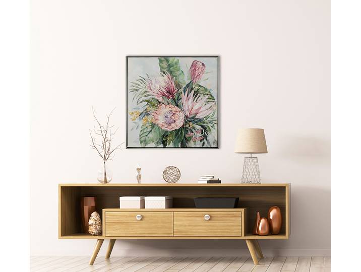 Leinwandbild Rosafarbene Protea-Blüten A Mischgewebe Multicolor 63 x 63 x 4cm