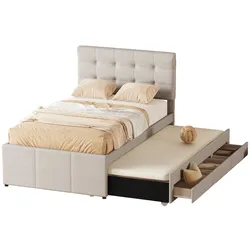 Merax Polsterbett, Doppelbett, Familienbett, mit drei Schubladen, ausziehbares Bett, Verstellbares Kopfteil, Beige, 90x200cm