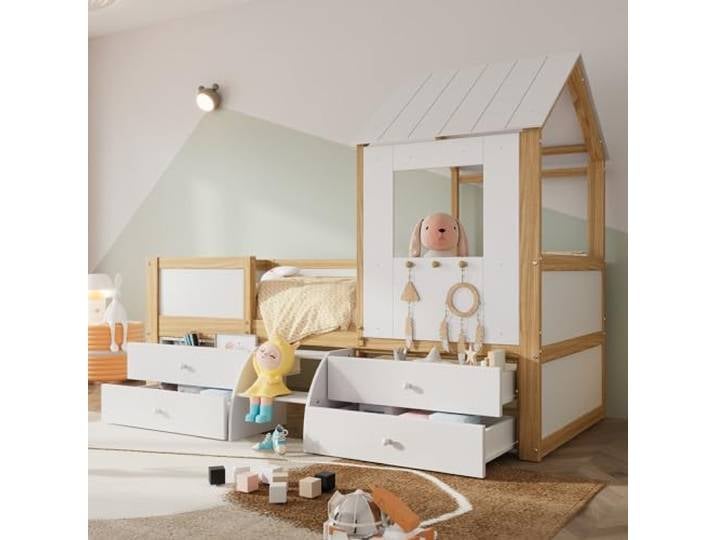 BTM Kinderbett, halbhohes Bett, Hausbett mit Dach und Fenster, Vierseitiger Zaun, mit 4 Schubladen und kleine Treppe, Kiefer+MDF+Sperrholz, Weiß+Natur, 90x200cm