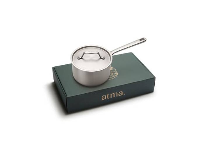 Atma Kochtopf Edelstahl 16 cm - 3-lagig mit Deckel - PFAS- & PTFE-frei Genieteter Griff - Ohne Beschichtung - Gesundes Garen, Messskala, Ausgussrand - Alle Herdarten - Frankreich