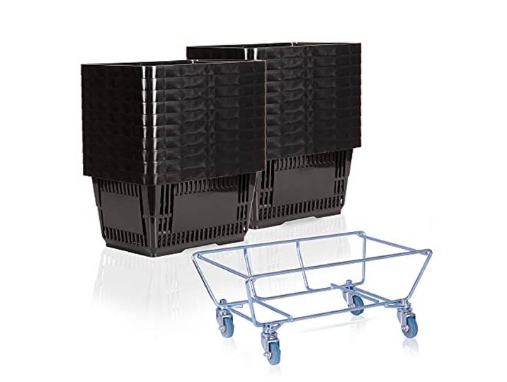 goodsforbusiness Sammelwagen + 20 Einkaufskörbe schwarz Korbstapelwagen 22 Liter Rollwagen für Kunststoffkörbe Korbwagen stabil Einkaufskorbwagen