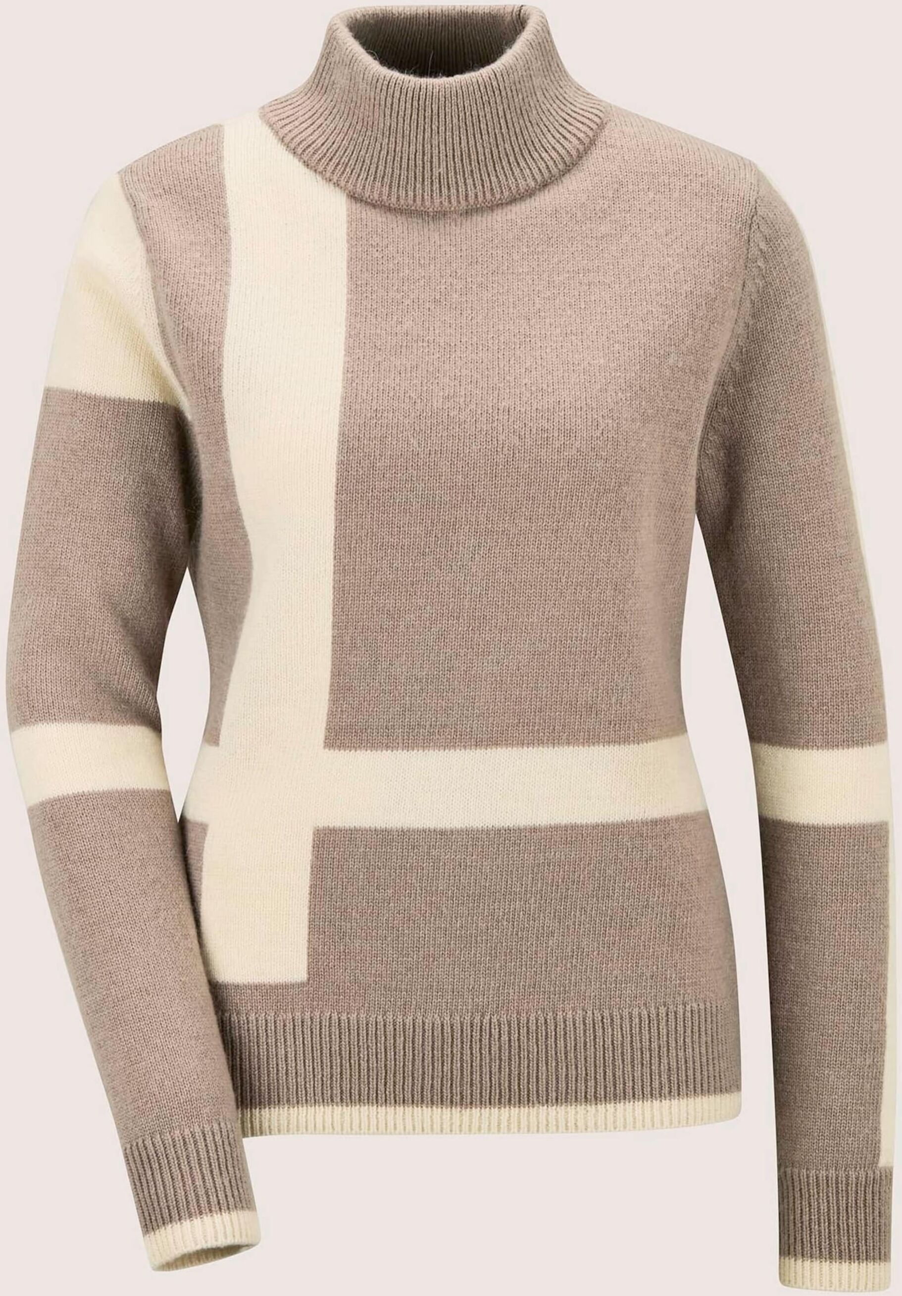 Longpullover MADELEINE "Pullover Strickpullover mit Colour-Blocking", Damen, Gr. 48, cappuccino, wollweiß, Modern, slim fit, Pullover Longpullover