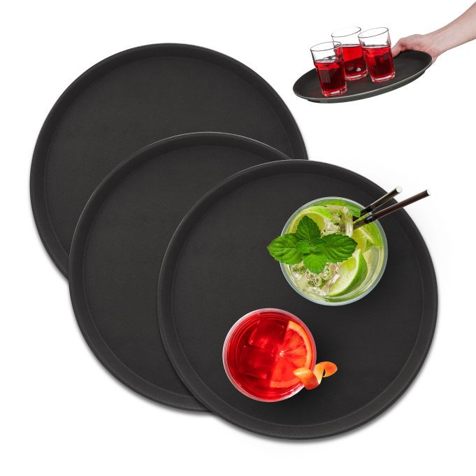 Relaxdays Horeca antislip dienblad set van 3, rond, zwart, Ø 35 cm