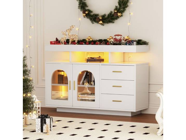 OKWISH Buffet Moderne 120x40x80 cm - Avec LED 3 Tiroirs et 2 Portes Rangement ouvert - Design Brillant - Blanc