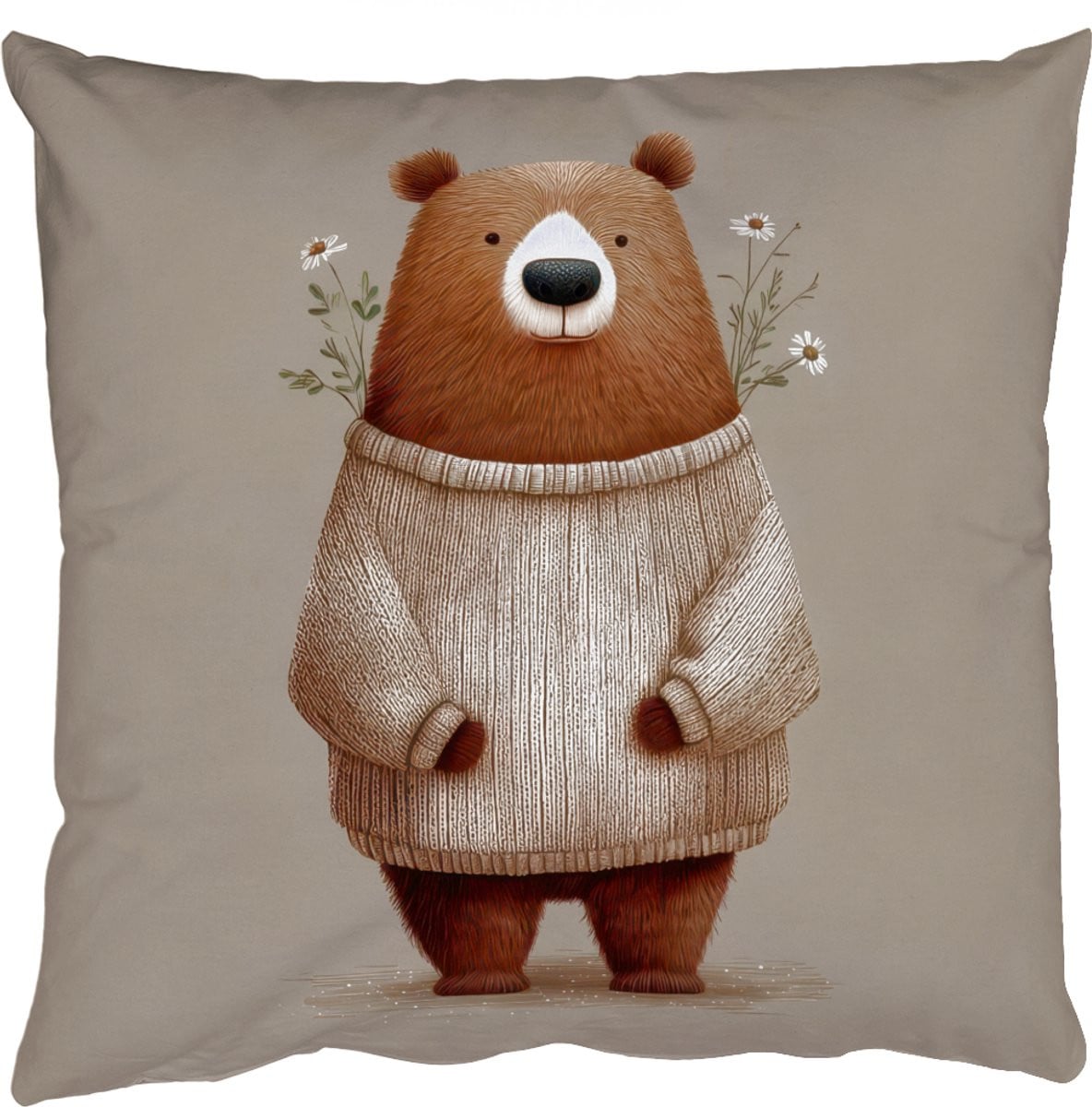 PillowMonkey Sierkussen met Witte Bloemen en Beer - 45 x 45 cm