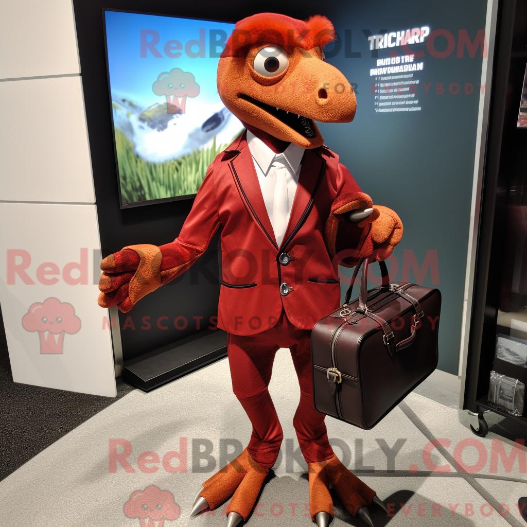 Maskottchenfigur REDBROKOLY eines roten Deinonychus mit Jacke und Aktentasche