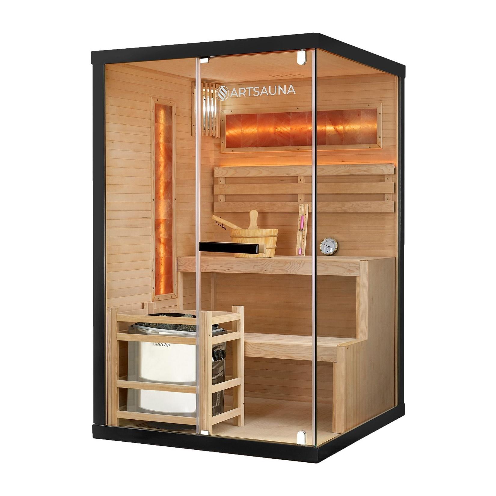 Artsauna Saunakabine Vantaa 120 mit Himalaya Salzstein - Indoor Sauna für 2 Personen, 3,5 kW Ofen, Glasfront
