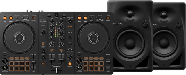 Pioneer DJ DDJ-FLX4 DJ-controller en Pioneer DJ DM-40D studiomonitoren Zwart