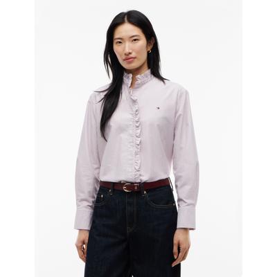 Langarmbluse TOMMY HILFIGER "OXFORD RUFFLES RELAXED LS SHIRT", Damen, Gr. 44, rosa (classic ithaca stp burgundy), Web, Obermaterial: 100% Baumwolle, gestreift, relaxed fit normal, Blusen, Baumwolle, relaxed fit, mit Rüschen Detail