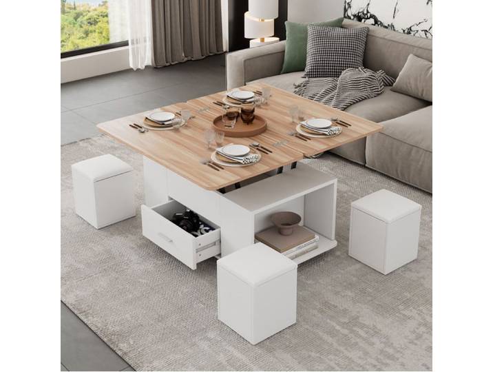 Table basse relevable 100x50cm extensible 100x100cm avec 4 tabourets rangement tiroir roulettes blanc