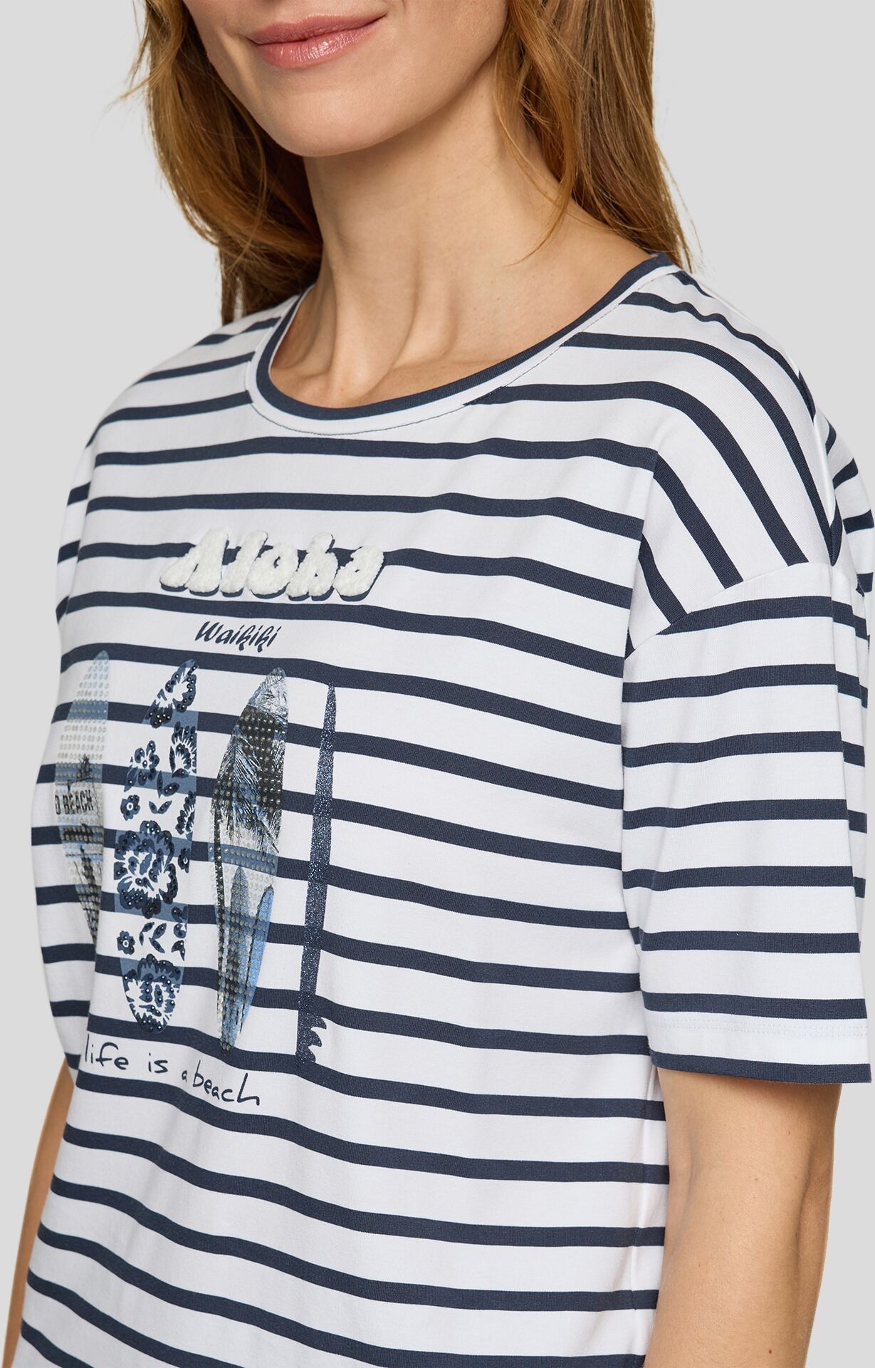 Kurzarmshirt RABE, Damen, Gr. 44, pazifik, Jersey, Obermaterial: 95% Baumwolle, 5% Elasthan, bedruckt, gestreift, bequem hüftbedeckend, Rundhals, Shirts Kurzarmshirt, im Streifen-Design und mit Glitzersteinen pazifik 44