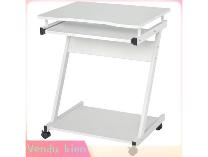 LIA Bureau informatique roulant mobile tablette clavier coulissante + étagère blanc