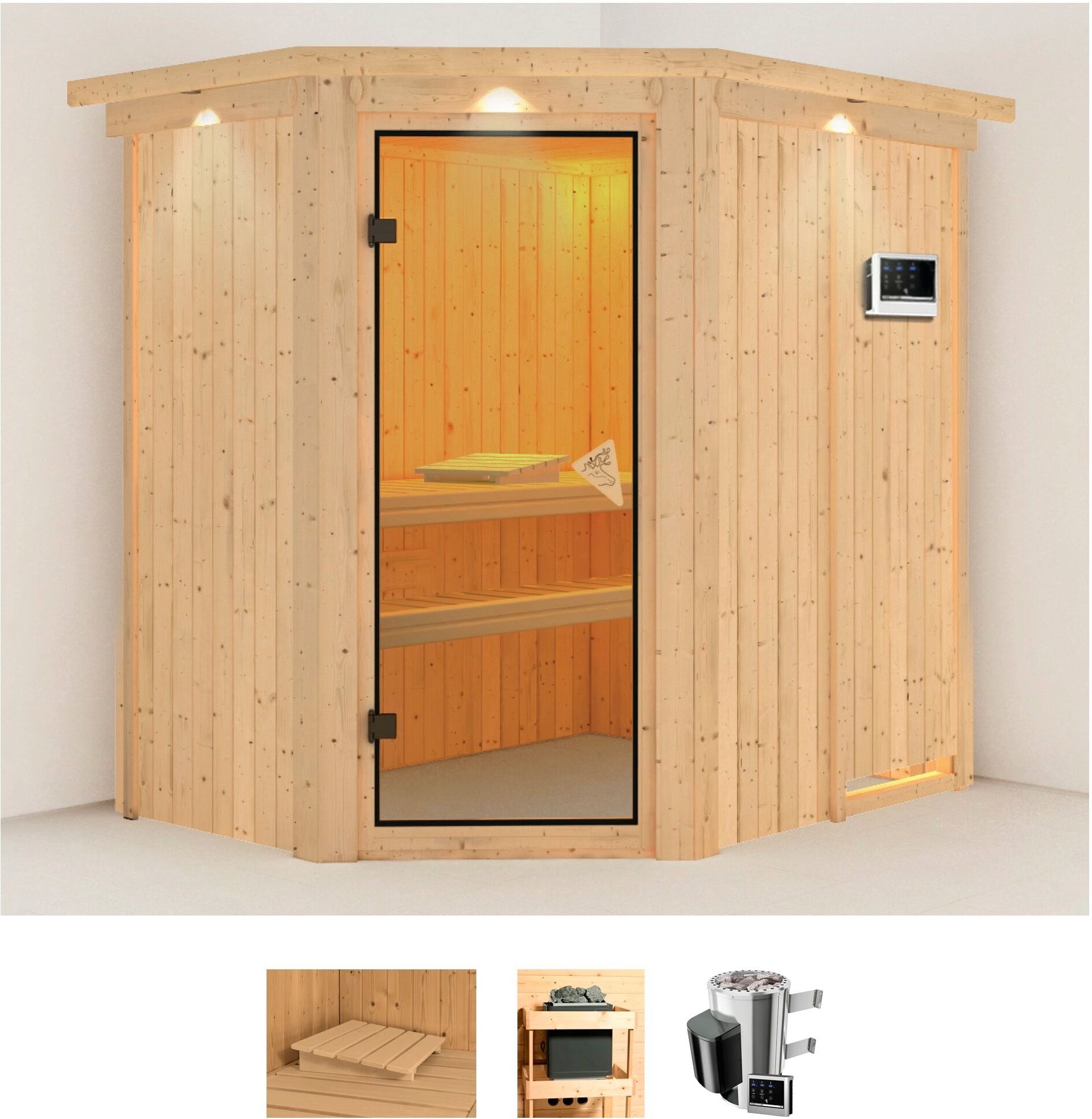 Sauna KARIBU "Swantje", beige (naturbelassen), Saunaofen, externe Steuerung, 3,6 kW, Saunen, Ofen 3,6 kW externe Strg.easy