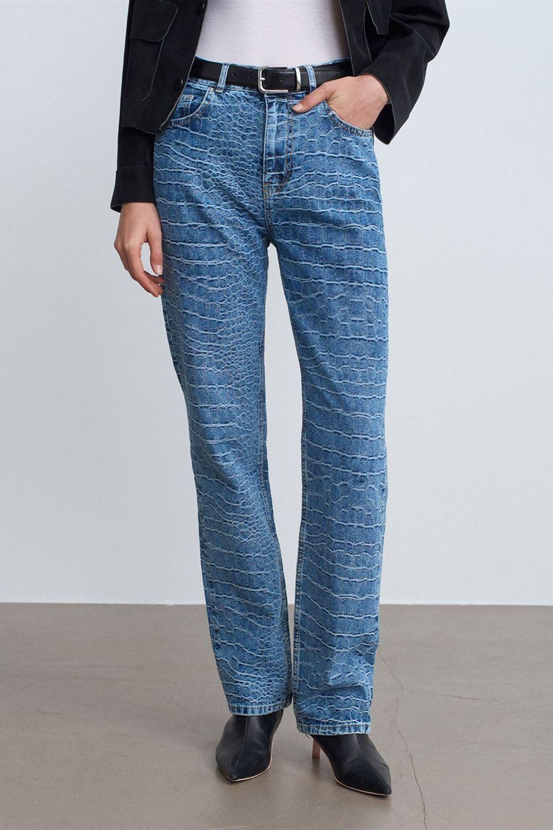 Hoge Taille Rechte Jeans met Textuur
