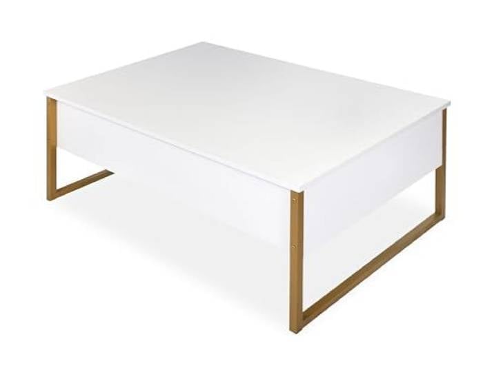 Menzzo Table Basse Moderne Valmain 90x60 cm – Blanc et métal doré – Table de Salon rectangulaire – Design Contemporain élégant